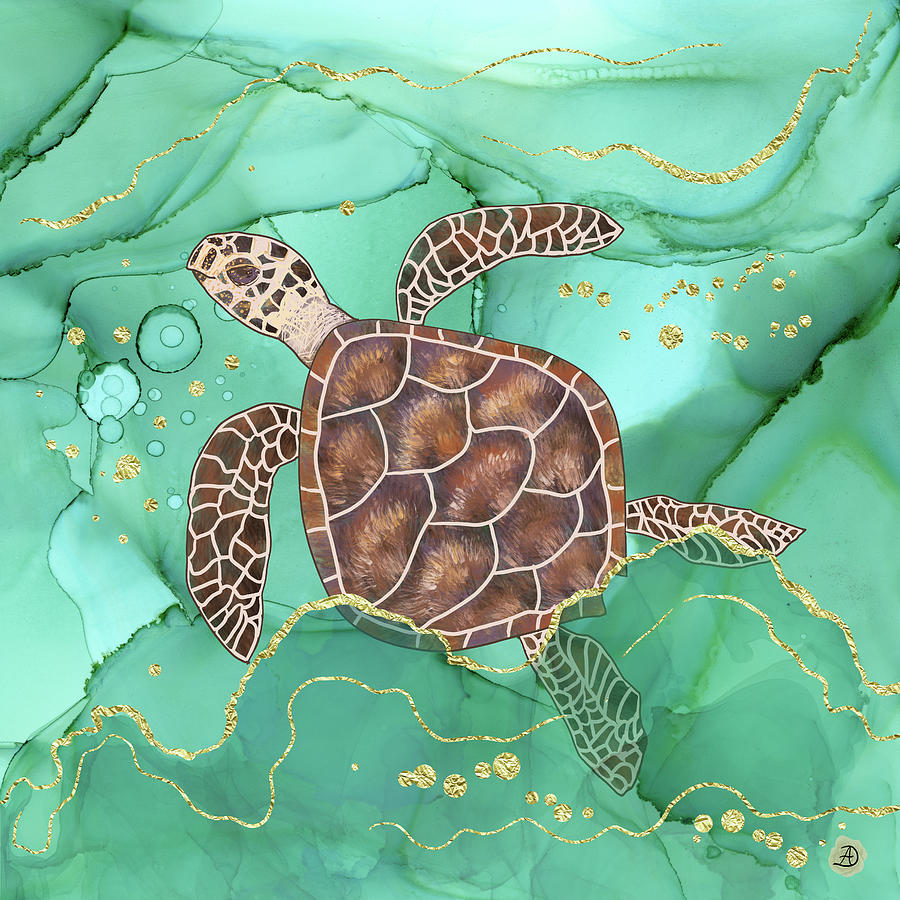 Precious Hawksbill Turtle Swimming in Emerald Water Digital Art by Andreea Dumez
