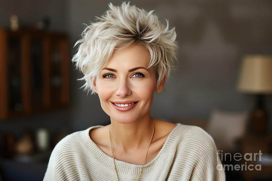Portrait Painting - Premium Close Up Image Of Happy Good Looking Elegant Fifty Year Old Woman Wearing Warm Cozy Jumper Pearl Earrings And Short Stylish Hairdo Being In Good Mood Sitting In Living Room Smiling Broadly At Camera by N Akkash