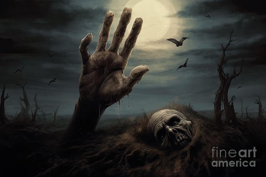 Halloween Painting - premium Halloween, dead hand coming out from the soil by N Akkash