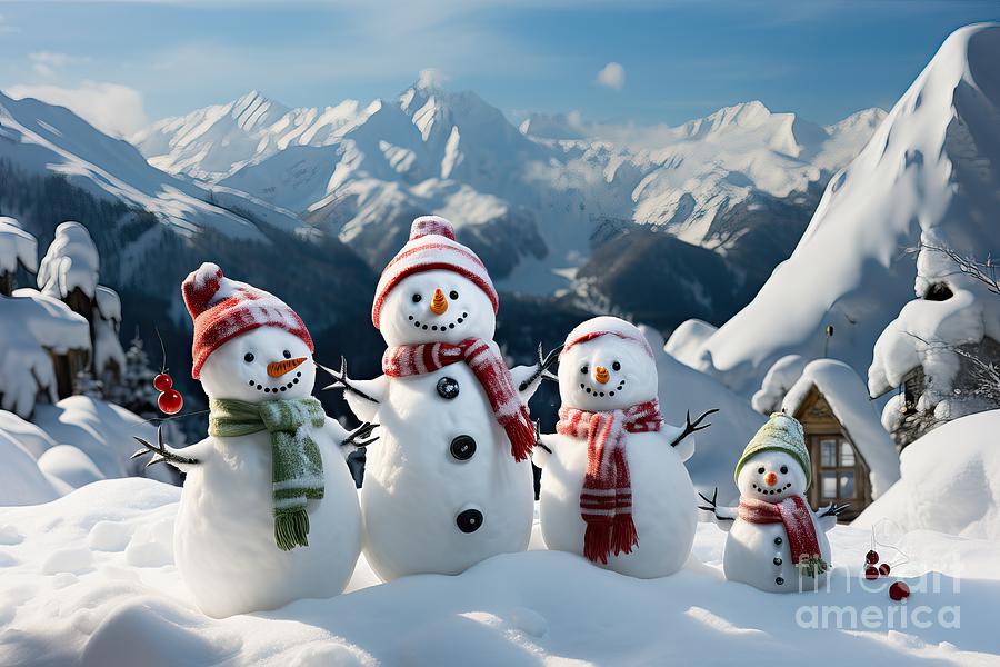 Winter Painting - premium Happy snowmans in mountain by N Akkash