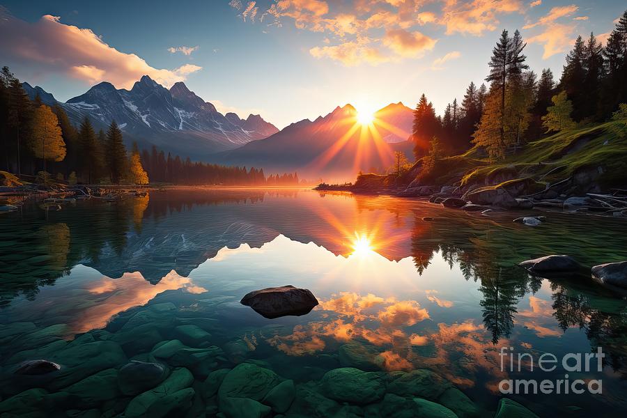 Nature Painting - Premium Impressive Summer Sunrise On Eibsee Lake With Zugspitze Mountain Range Sunny Outdoor Scene In German Alps Bavaria Germany Europe Beauty Of Nature Concept Background by N Akkash