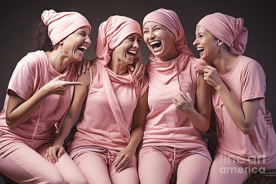 Woman Painting - premium Laughing women wearing pink for breast cancer by N Akkash