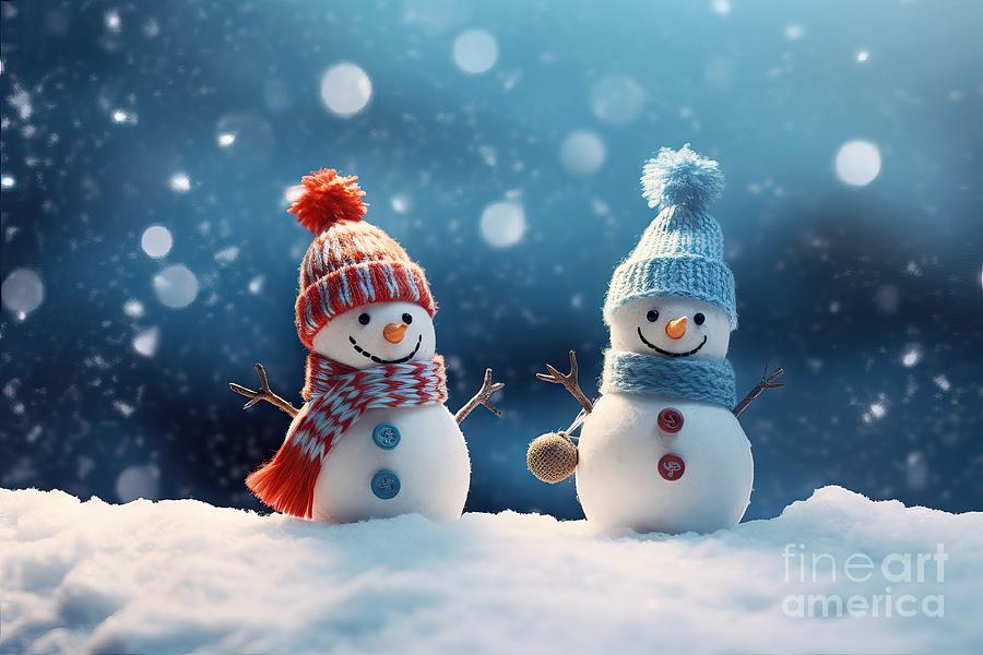 Christmas Painting - Premium Little Knitted Snowmans On Soft Snow On Blue Background by N Akkash