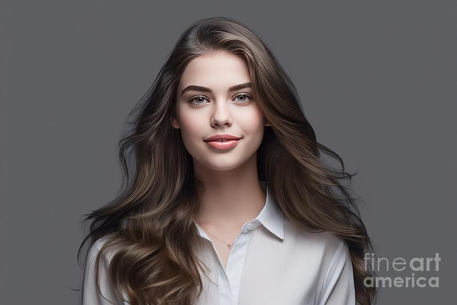 Portrait Painting - premium premium young business woman portrait, Smiling cute girl with long hair studio shot, Isolated on gray background by N Akkash