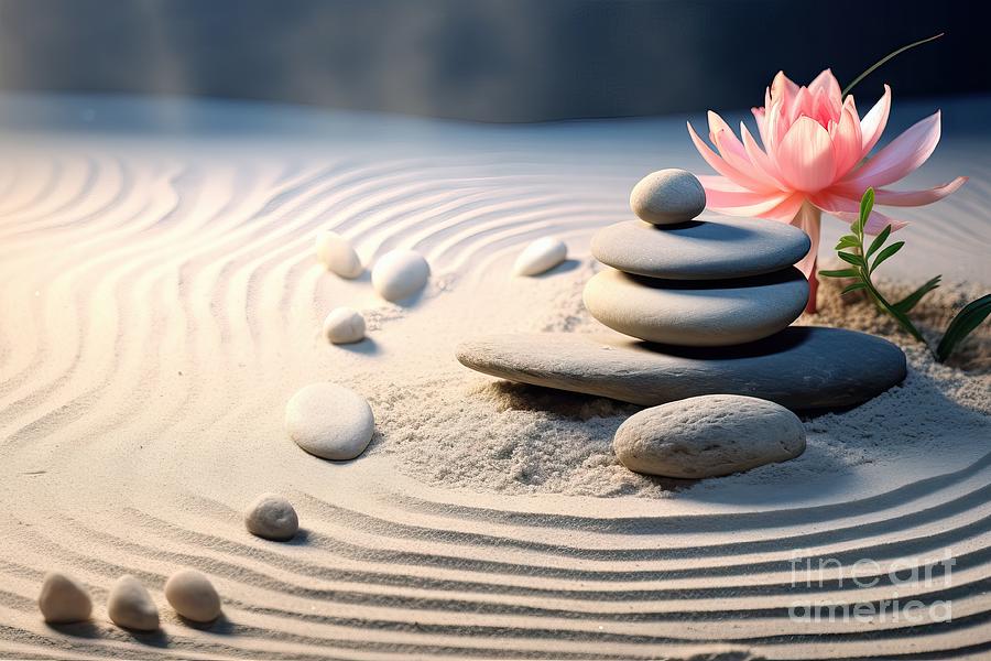 Lily Painting - Premium Sand, Lily And Spa Stones In Zen Garden by N Akkash