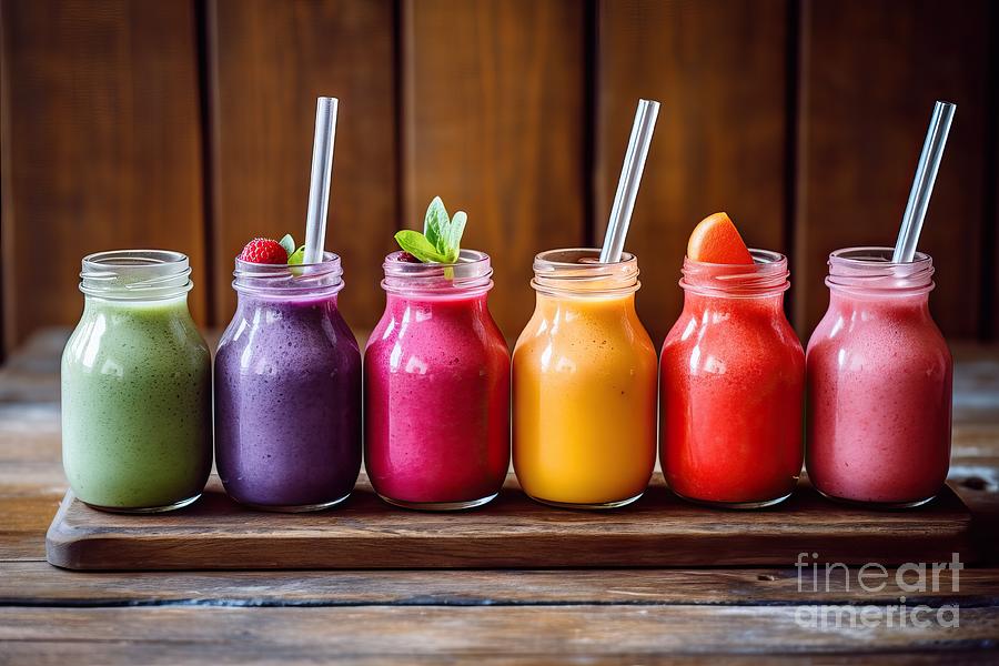 Juice Painting - premium Selection of colourful smoothies on rustic wood background by N Akkash
