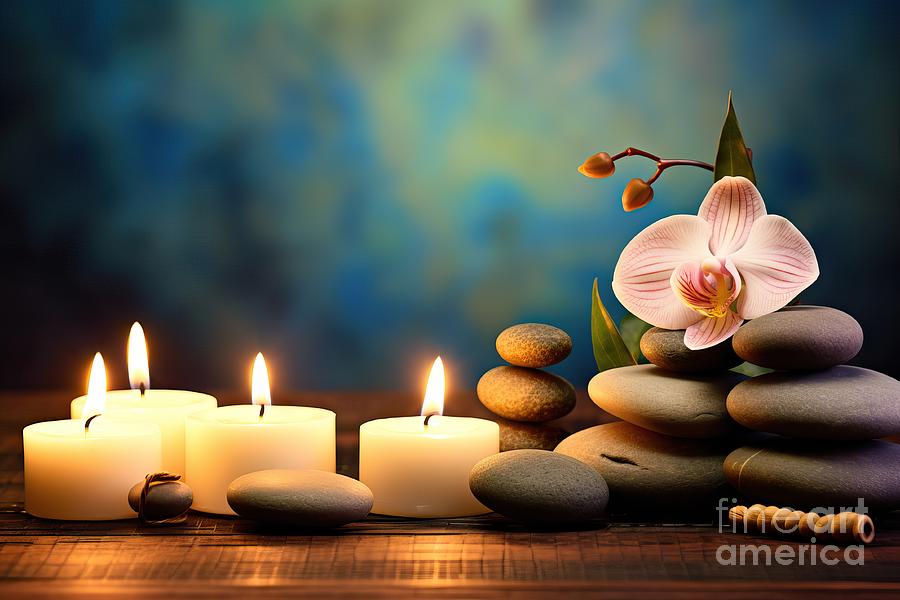 Orchid Painting - premium Spa Concept - Massage Stones With Towels And Candles In Natural Background by N Akkash