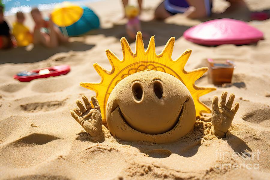 premium Summer beach smiling sun happy smiley face drawing drawn in ...