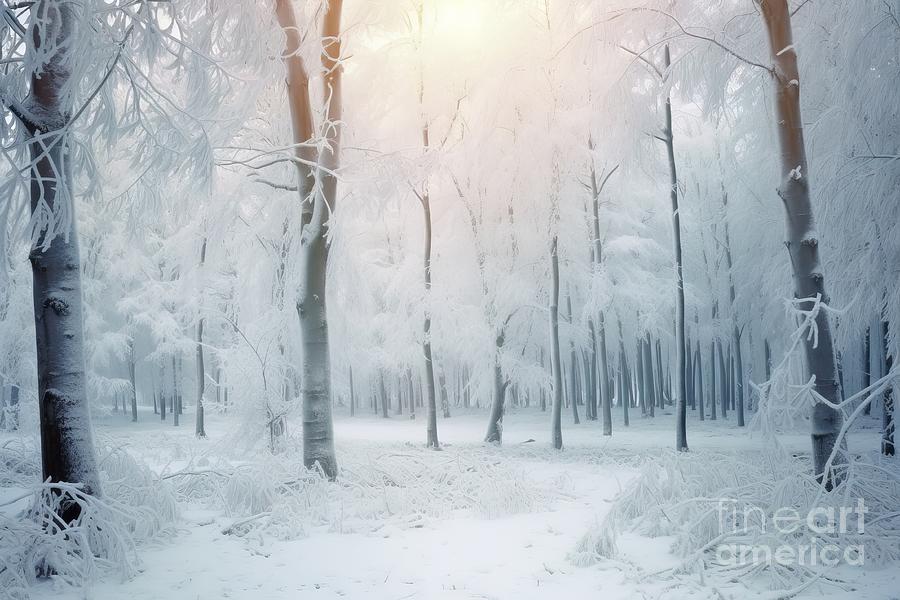 Winter Painting - Premium White Wood Covered With Frost Frosty Landscape by N Akkash