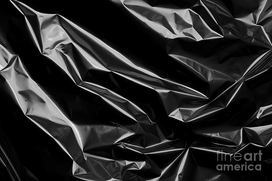 Abstract Painting - premium Wrinkled plastic wrap texture on a black background. Cellophane package wallpaper by N Akkash