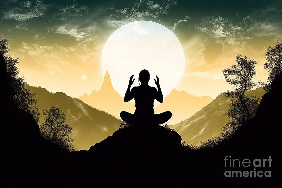 Nature Painting - premium Yoga and meditation. Silhouette of man in moontains. by N Akkash