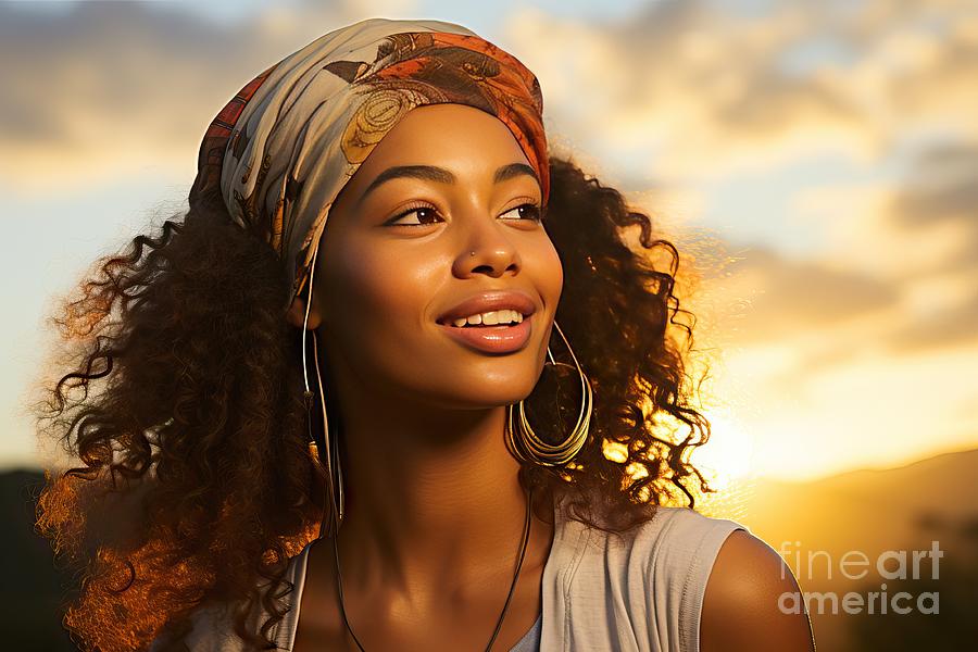 Sunset Painting - premium Young african woman smiling at sunset by N Akkash