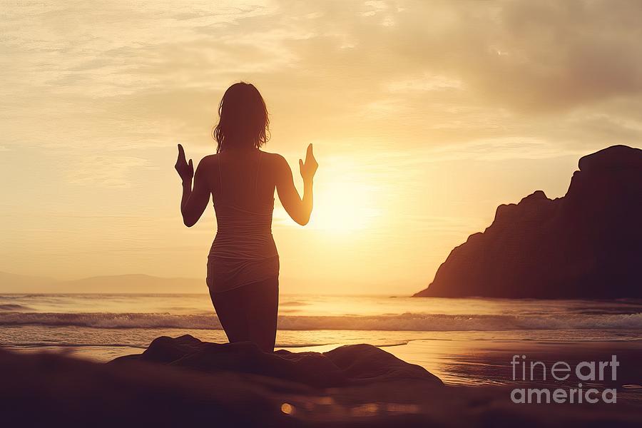Sunset Painting - premium Young woman practicing yoga on the beach. by N Akkash