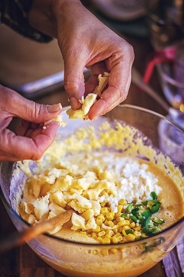 Preparing Mexican Corn Bread with Fresh Corn and Jalapenos Photograph by GMVozd