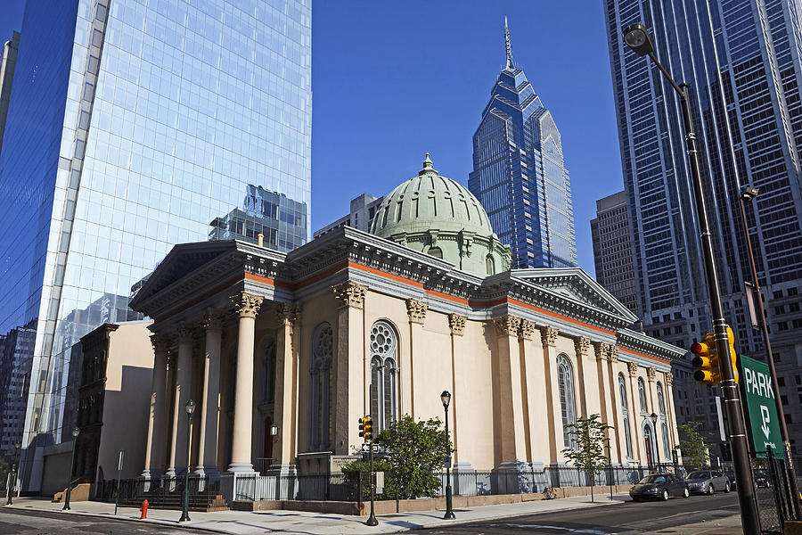 Presbyterian church with one Liberty place skyscraper Photograph by Allan Baxter