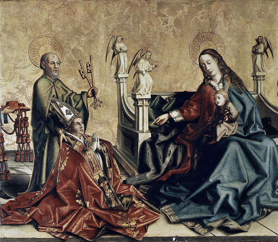 Presentation Of Cardinal De Mies To The Virgin - Xv Century. Witz Conrad. Apostle Peter. Painting by Konrad Witz -c 1400-c 1446-