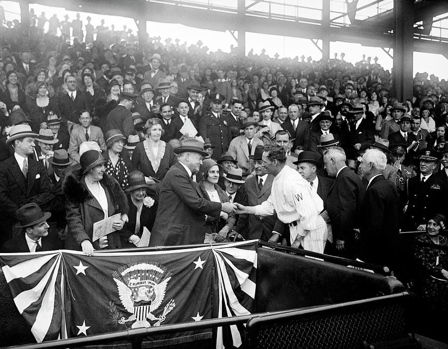 President Hoover Receiving Baseball From Walter Johnson - 1931 Photograph by War Is Hell Store