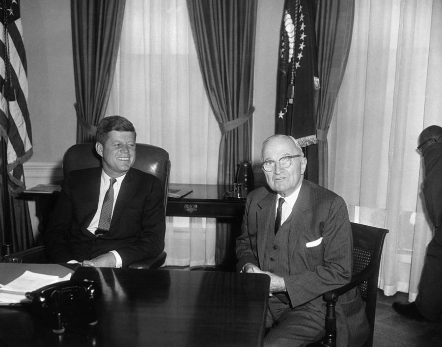 President Kennedy and Harry Truman In The Oval Office - 1962 Photograph by War Is Hell Store