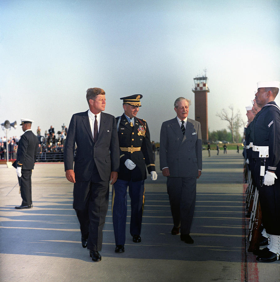 President Kennedy and Prime Minister Harold Macmillan Inspecting Honor Guard - 1962 Photograph by War Is Hell Store