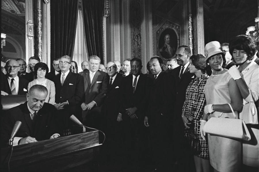 Black And White Photograph - President Lyndon Johnson Signs the Voting Rights Act by US Archives