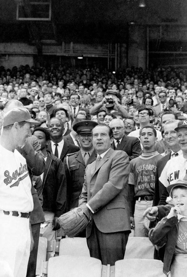 President Nixon Throwing Out First Pitch - Washington DC 1969 Photograph by War Is Hell Store