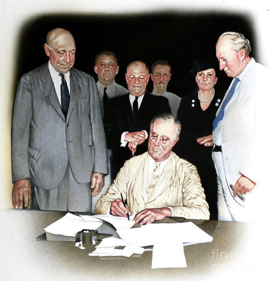 President Roosevelt Signing Social Security Act Painting by Jim Butcher