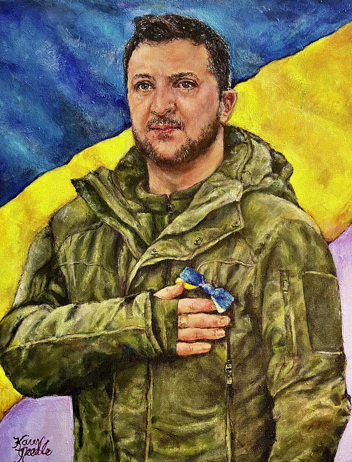 President Zelensky A great hero and leader Painting by Karen Needle