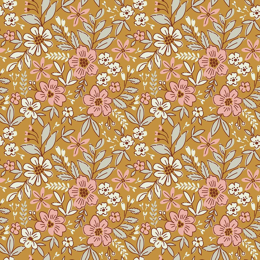 Pretty Flowers On Gold Seamless Pattern Drawing