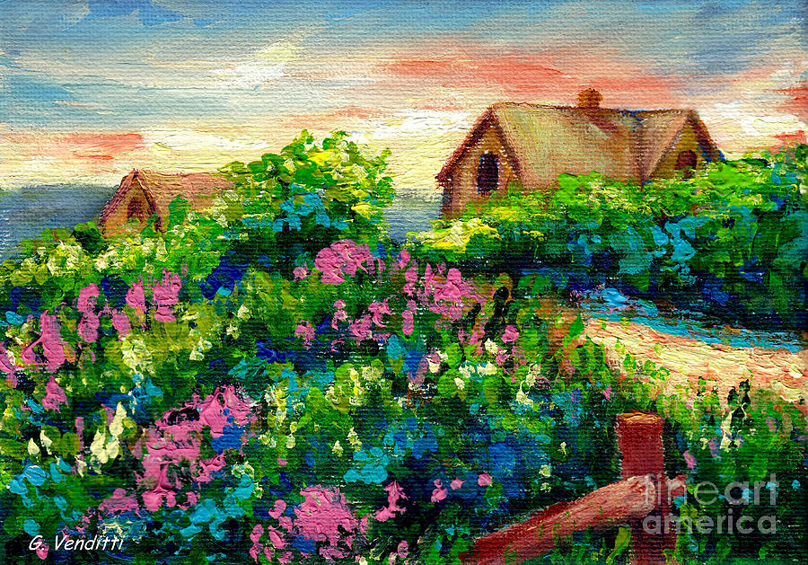 Pretty Gaspe Houses Near Field Of Wildflowers Quebec Summer Scene Painting Grace Venditti Artist Painting by Grace Venditti