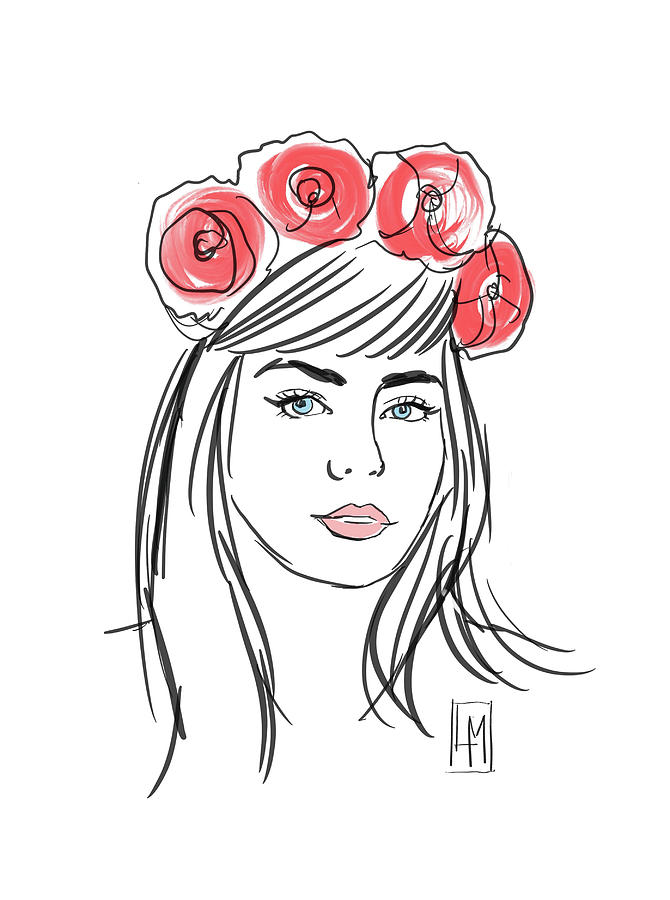 Pretty Girl With Roses In Her Hair Drawing