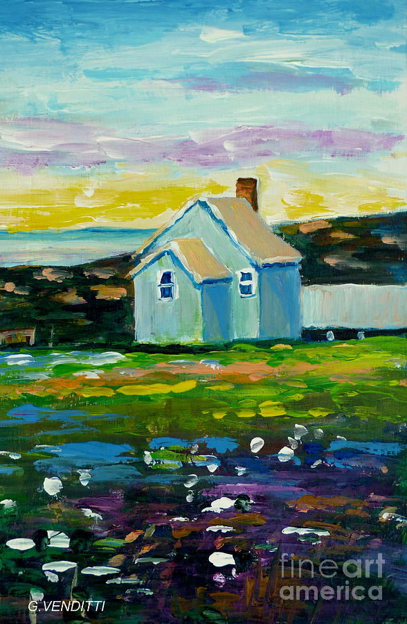 Pretty White House Gaspe Near Bonaventure Island Quebec Country Scene Grace Venditti Canadian Artist Painting by Grace Venditti