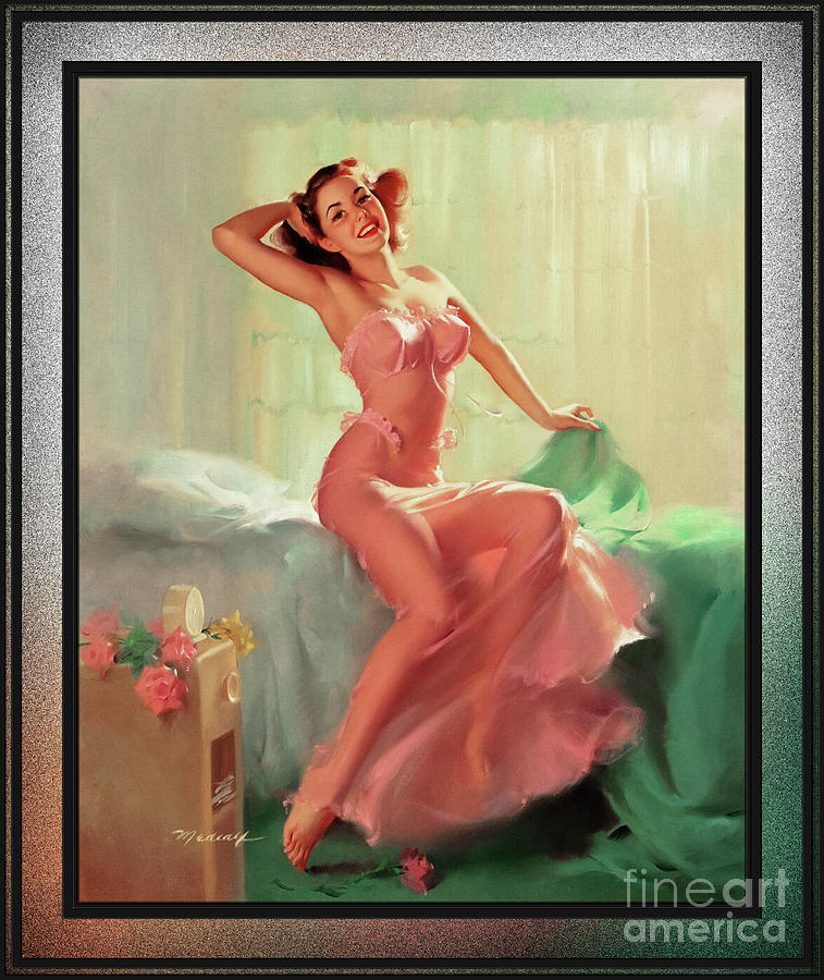 Pretty In Pink Pin-up Girl by Bill Medcalf Vintage Pin-Up Girl Art Painting by Rolando Burbon