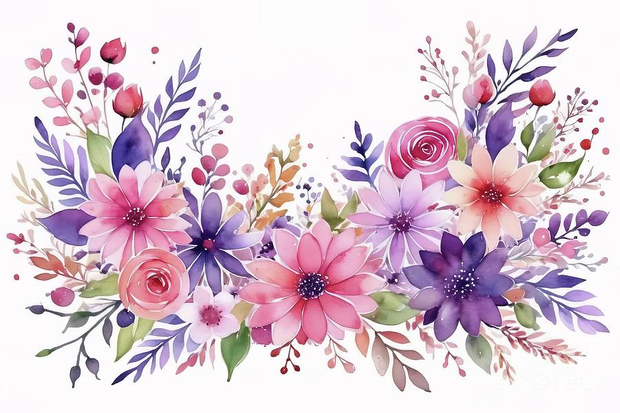 Pretty little violet flowers, painted in watercolor on a white canvas. Photograph by Joaquin Corbalan