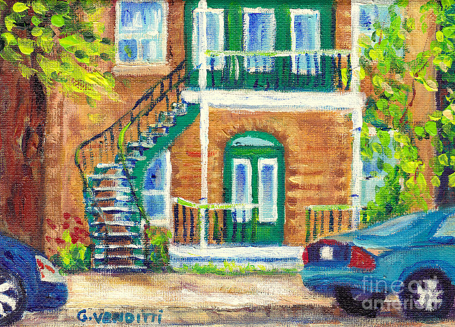 Pretty Montreal Summer Scene House With Green Doors And Outdoor Staircase Grace Venditti Paintings Painting by Grace Venditti