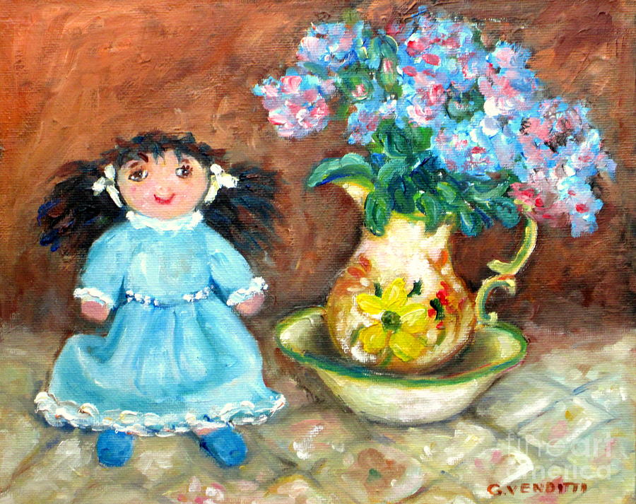Pretty Rag Doll With Ewer Pitcher Flowers In Bowl Still Life Painting  Painting by Grace Venditti