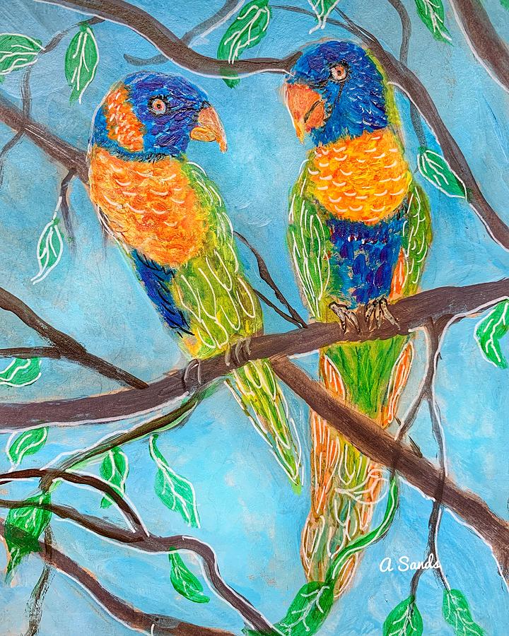 Pretty Rainbow Lorikeets Painting by Anne Sands