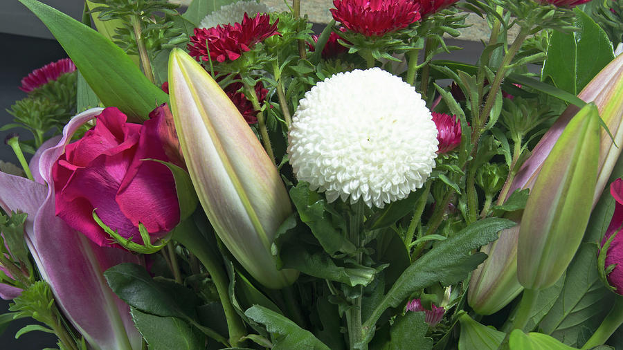 Pretty red Rose, Liliam Buds and white Pom Pom Mums Chrysanthemu Photograph by Geoff Childs