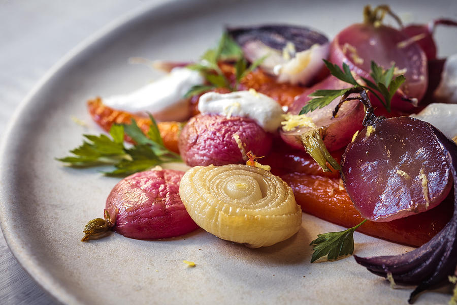 Pretty Roasted Vegetables with Almond Cream Close Up Photograph by Enrique Díaz / 7cero