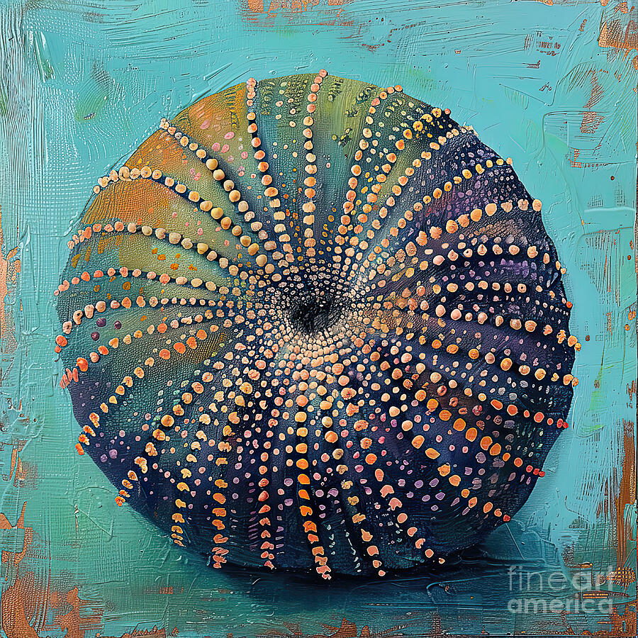 Shell Digital Art - Pretty Sea Urchin on Teal by Elisabeth Lucas