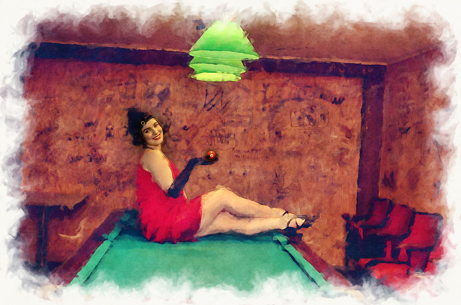 Pretty young woman in roaring 20s outfits on the pool table paintography Photograph by Dan Friend