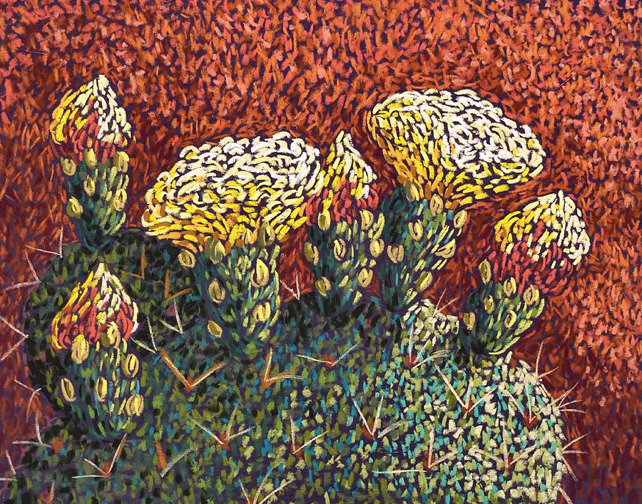 Prickly Pear Buds and Flowers Painting by Candy Mayer