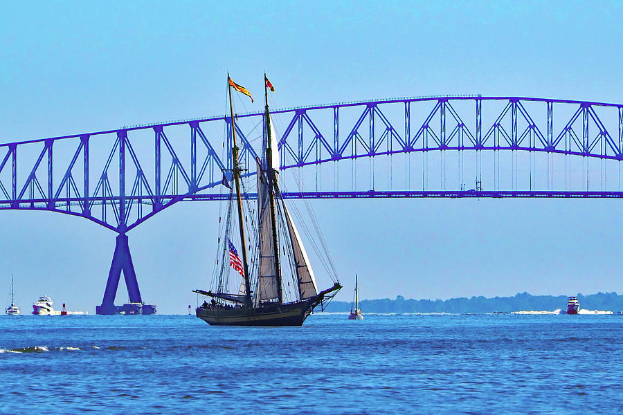 Pride of Baltimore 2 and FSK Bridge Photograph by Bill Swartwout