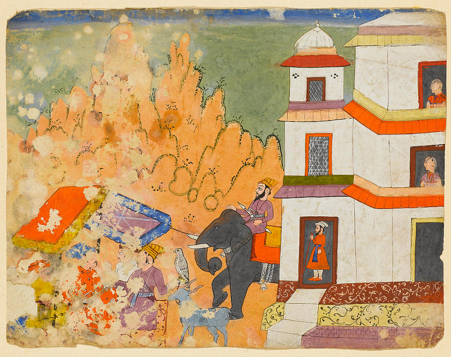 Princes seated in an encampment close to a mountain palace Bilaspur, circa 1670-80 Painting by Artistic Rifki