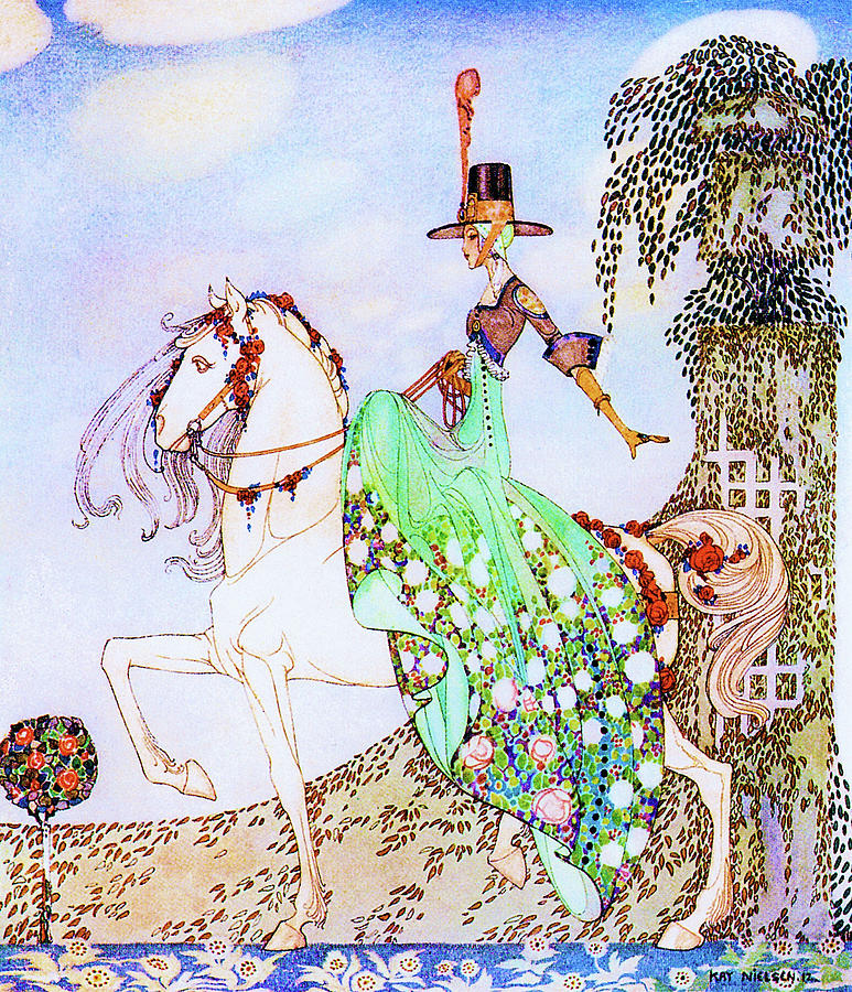 Princess Mignon Minette who goes out in search of Prince Soushi on a white horse Painting by Kay Nielsen