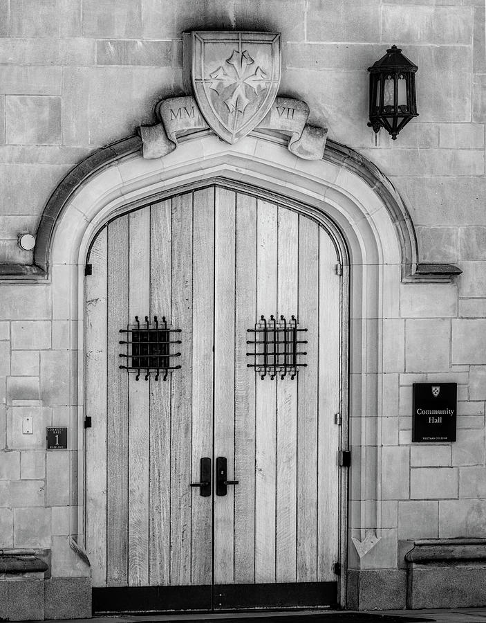Princeton University Community Hall Door BW Photograph by Susan Candelario