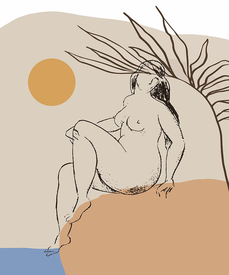 Sunset Drawing - Printable Minimalist Line Art, Feminine Beauty By River Wall Art, Nude Curvy Woman Vintage Poster by Mounir Khalfouf