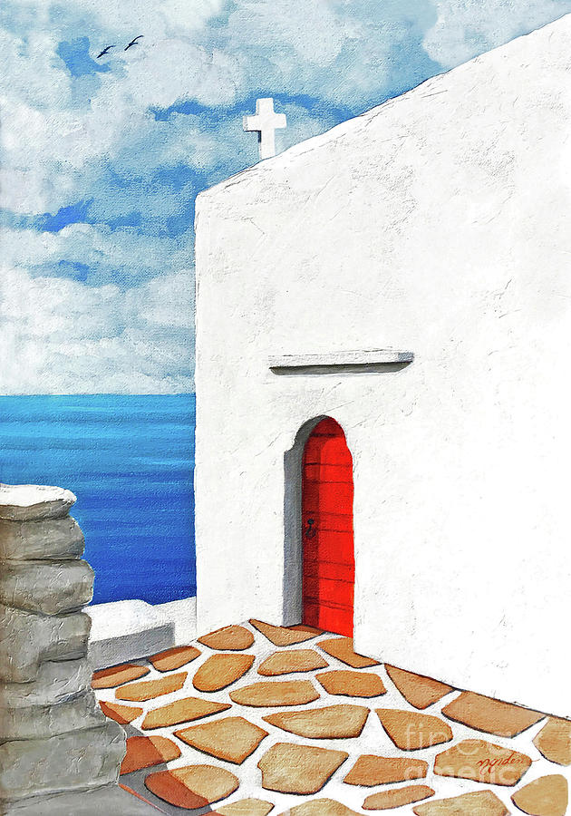 Prints- Red Door at Panagia Paraportiani-prints and original Painting by Mary Grden