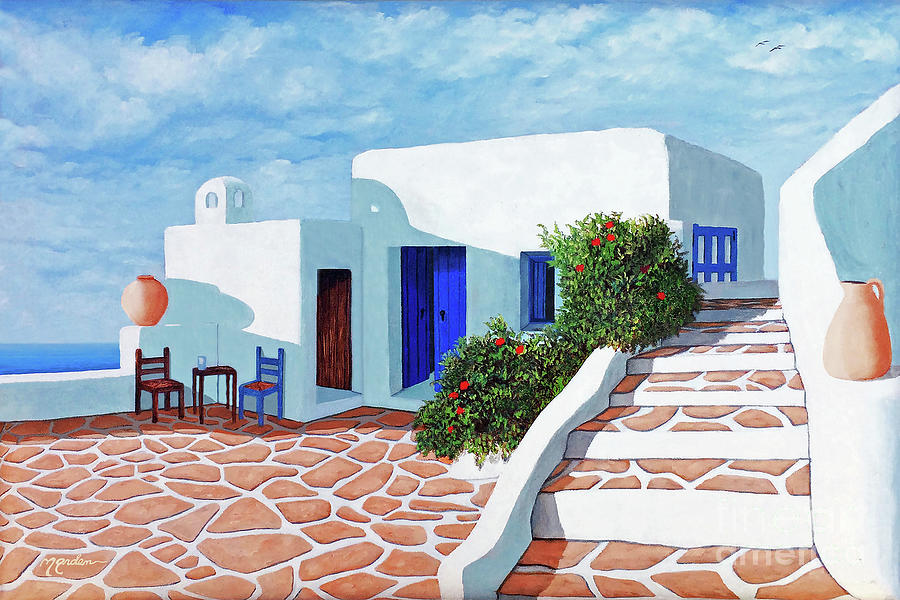 SANTORINI MORNING-prints of painting-more Painting by Mary Grden