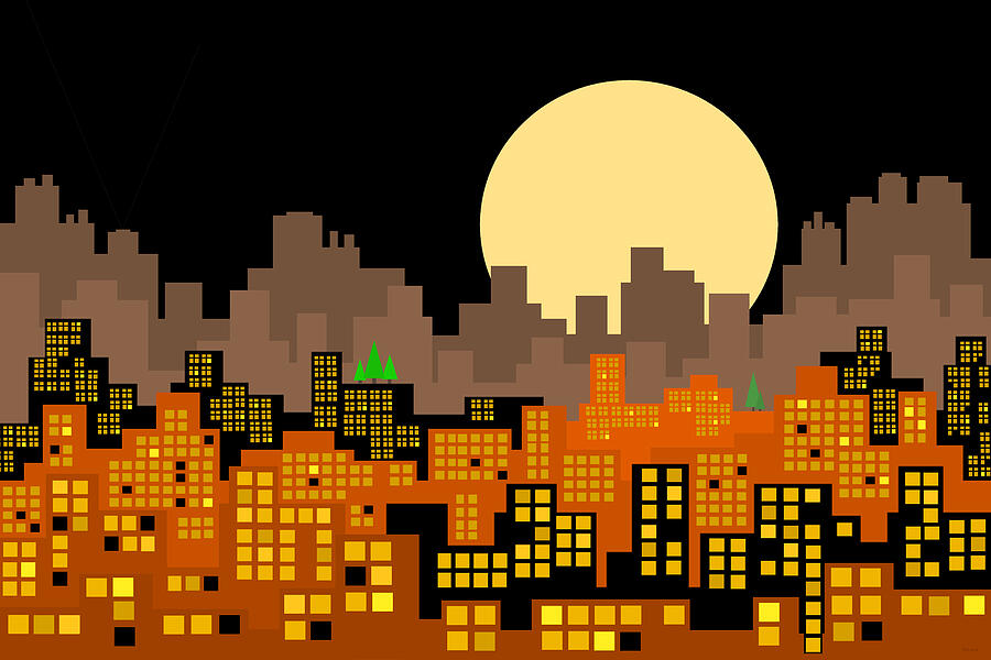Whimsical City Skyline with Full Moon Digital Art by Val Arie
