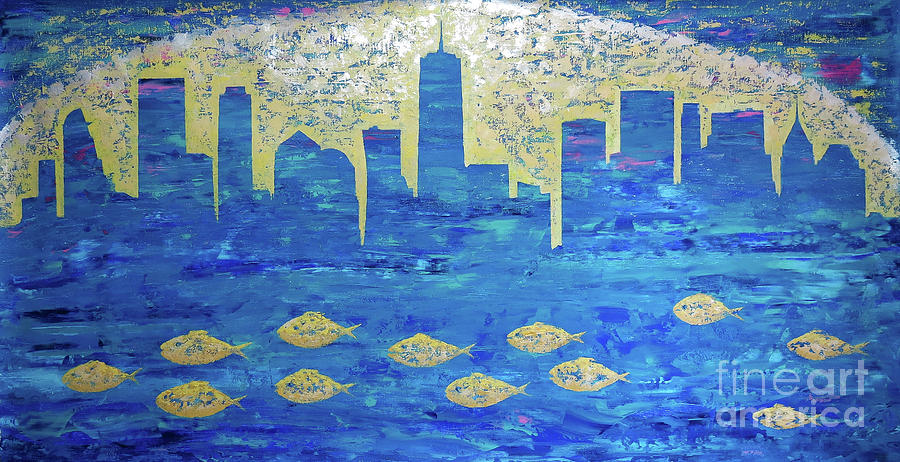 Procession of fish in NYC Painting by Denys Kuvaiev